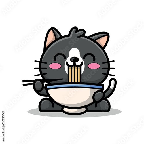 A CUTE BLACK CAT IS EATING A BOWL OF RAMEN NOODLE CARTOON ILLUSTRATION