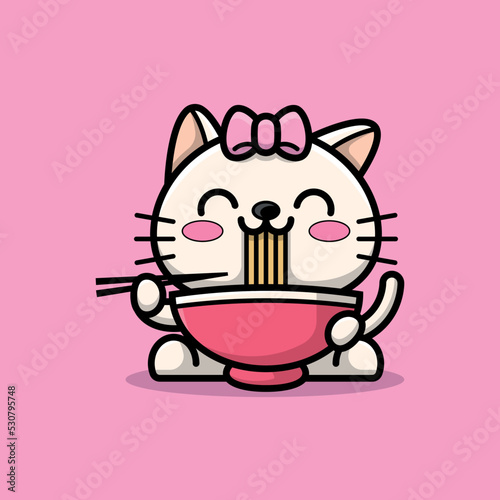 A CUTE WHITE CAT IS EATING A BOWL OF RAMEN NOODLE CARTOON ILLUSTRATION