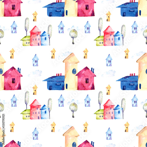 Watercolor seamless pattern houses and trees. Drawn by hand.