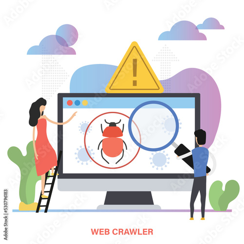 Web crawler vector illustration in flat style. People checking the website concept