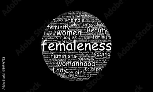 Woman word cloud vector illustration design l Word art for womens day or mothers day l Feminity l Femaleness l Mum l Female l Womanhood l Motherhood l Mothers Day l Womens Day l 8th march photo