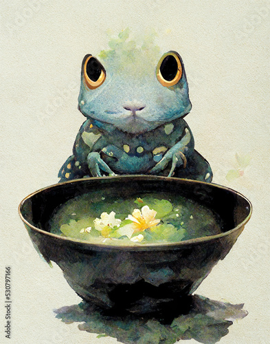 fantasy frog sitting in front of a pot, soup, japanese watercolor style