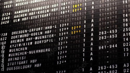Flight Departures information board at Frankfurt Airport in Germany, black scoreboard, concept delay, flight cancellation, arrival time, flight to Stuttgart, berlin, paris, london, Istanbul photo