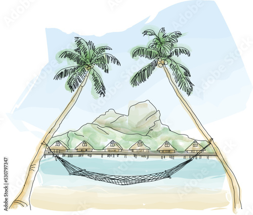 Otemanu mountain, inclined palm trees over the sea and bright canoes on the beach. Island Bora Bora, Tahiti