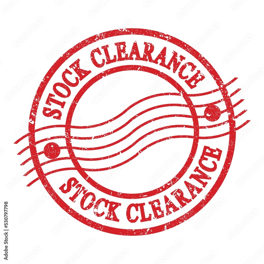 STOCK CLEARANCE, text written on red postal stamp. STOCK CLEARANCE, text written on red postal stamp.