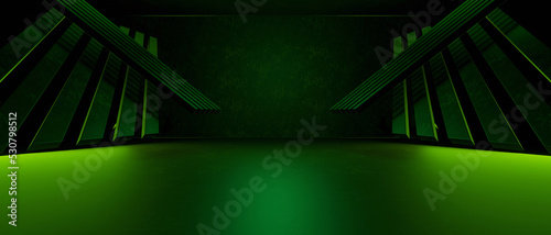 Fotografie, Obraz Abstract 3D Showroom Underground Catwalk Hangar Technology Background Tunnel Cor