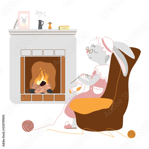 Granny hare knits socks by the fireplace on a white background. Cute funny pets. Vector illustration in a hand-drawn style for a postcard, calendar, banner