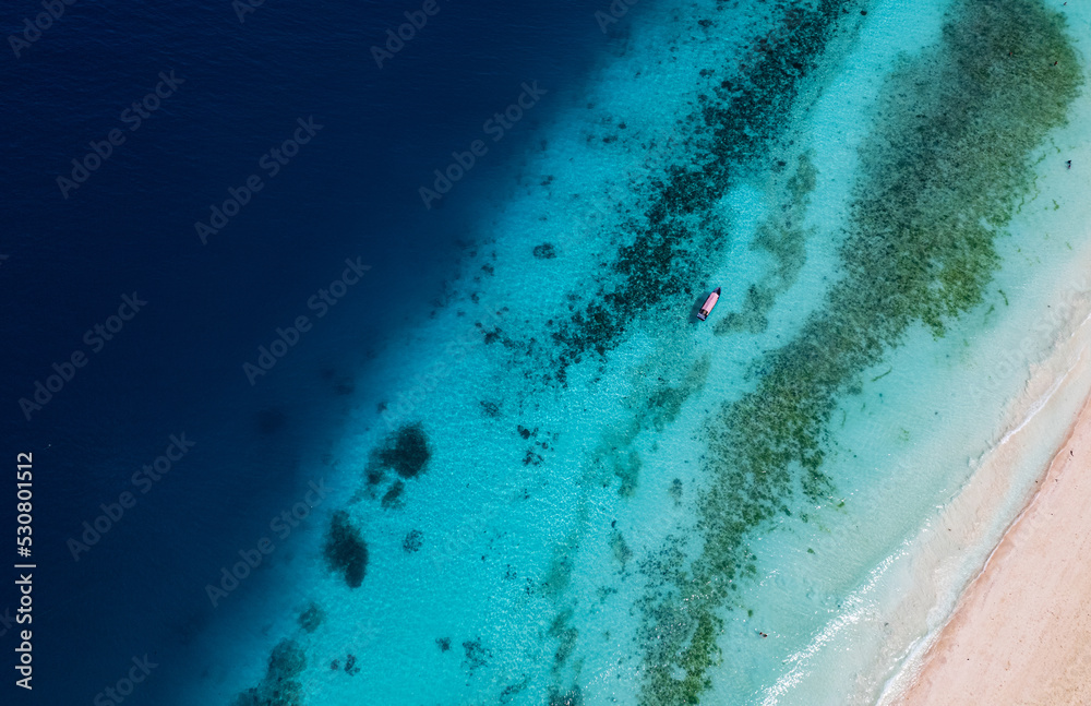 Nungwi beach in Zanzibar,white sand, blue turquoise water, drone photo