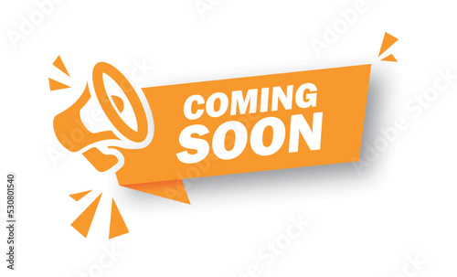 Modern red vector banner ribbon coming soon with megaphone. Web element. Vector icon. photo