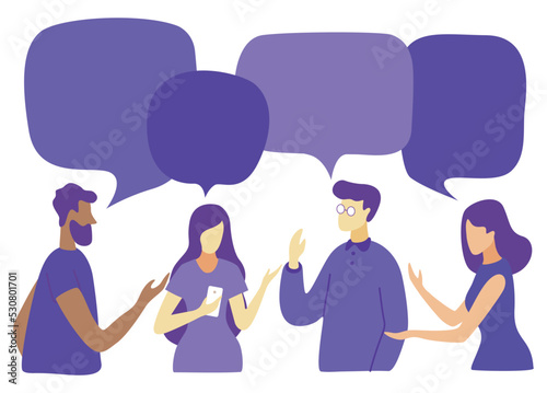 Vector illustration, social networks, flat style, news, chat, businessmen discuss social network dialogue speech bubbles