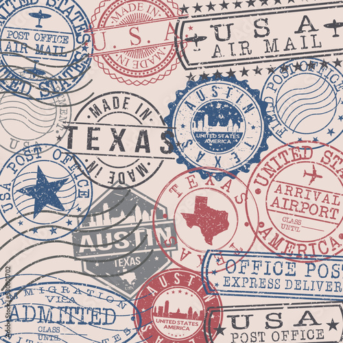 Austin  TX  USA Set of Stamps. Travel Stamp. Made In Product. Design Seals Old Style Insignia.