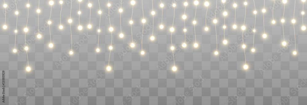 Christmas lights, lights bulbs, glowing garlands string. New Year's party lights, holiday decorations. Party event decoration, winter holiday season element. Vector illustration on png.