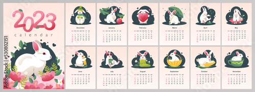 Calendar 2023, The Year of the Blue Water Rabbit. Week starts on Sunday. Cute white rabbit. Vector calendar