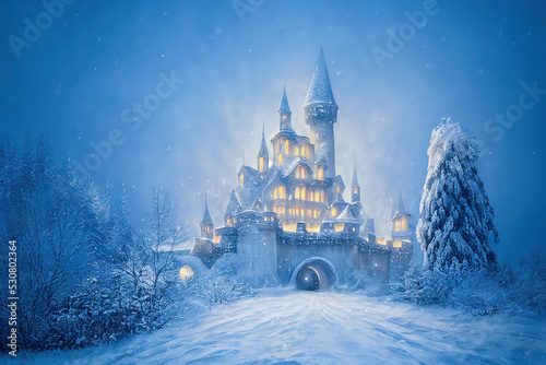 Magic Ice Castle with snow. Digital art.