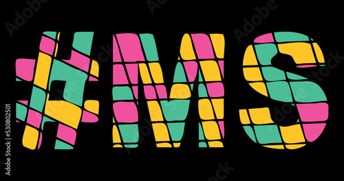 MS Hashtag. Tricolor isolated letters from contrast flowing fluid shapes. 3 colored Hashtag #MS is abbreviation for the US American state Mississippi for social network, web resources, mobile app