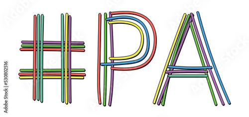 PA Hashtag. Isolate neon doodle lettering text from multi-colored curved neon lines like from a felt-tip pen, pensil. #PA is abbreviation for the US America state Pennsylvania