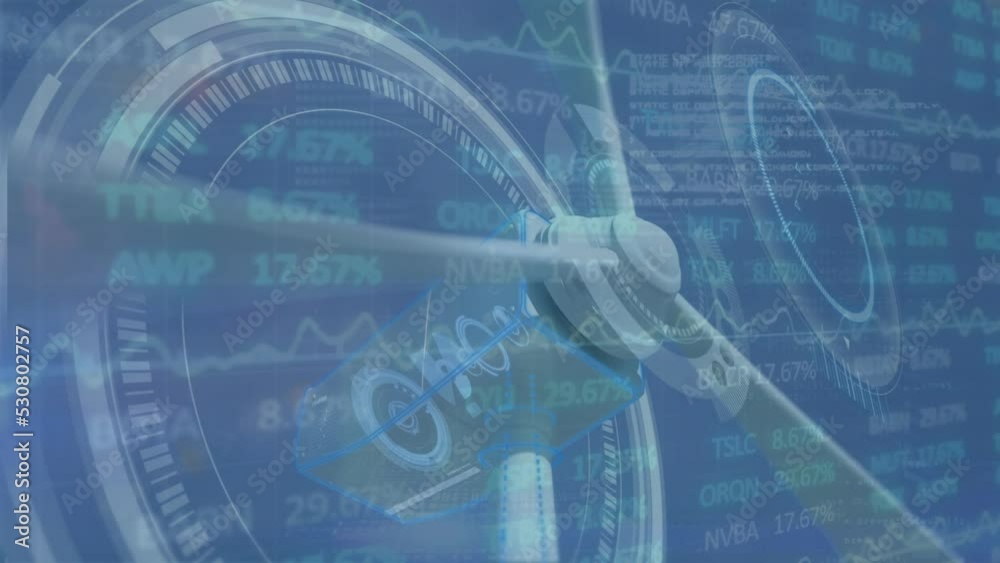 Animation of wind turbine and lightning over scopes and processing data on blue background Animation of wind turbine and lightning over scopes and processing data on blue background