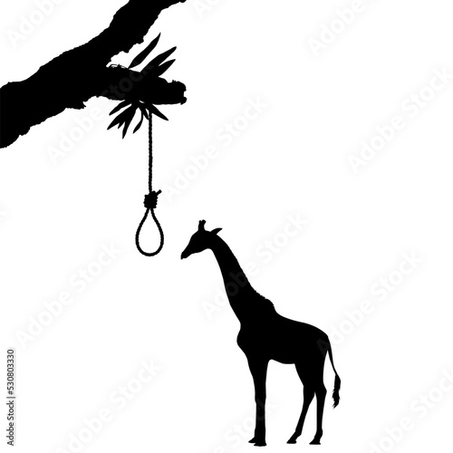 Visual Parody about Desperate, Broken Heart, Sadness, Anxiety, Depression, etc with Giraffe and Gallows or Hanging Rope as Visual Symbol. Vector Illustration