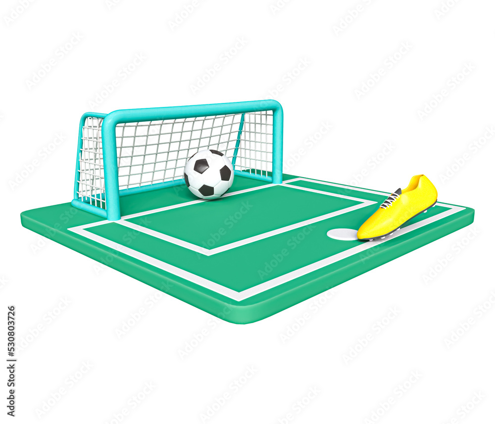 Football goal post, ball, football shoe 3d icon. Realistic soccer ball, goal bar, shoe icon. Green Football field with goal post. soccer goal, field and ball. Qatar World Cup In transparent png
