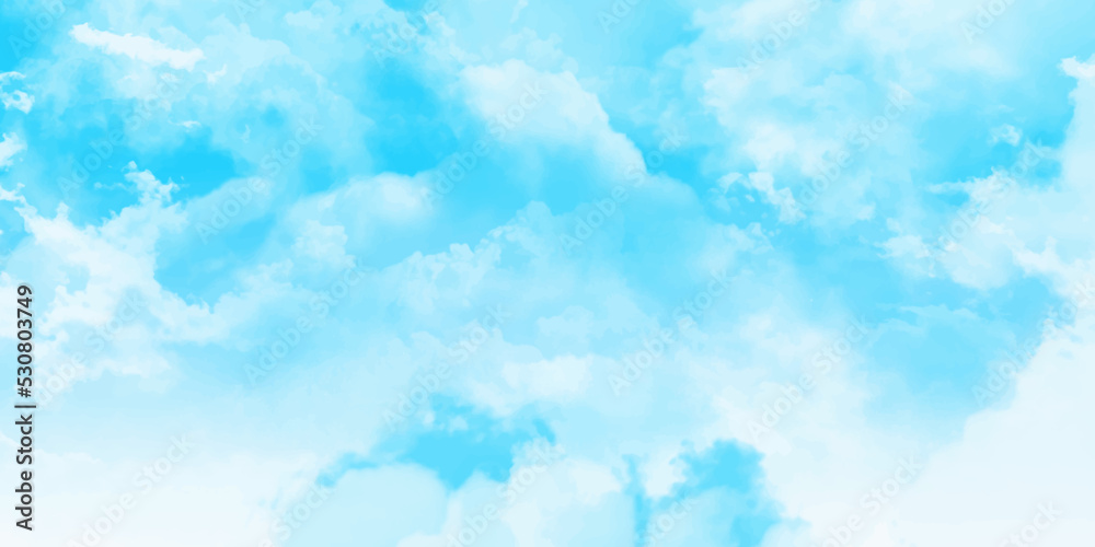 Panorama of blue sky with white clouds in sunny weather.Background with clouds on blue sky. Blue Sky vector.White cumulus clouds formation in blue sky><