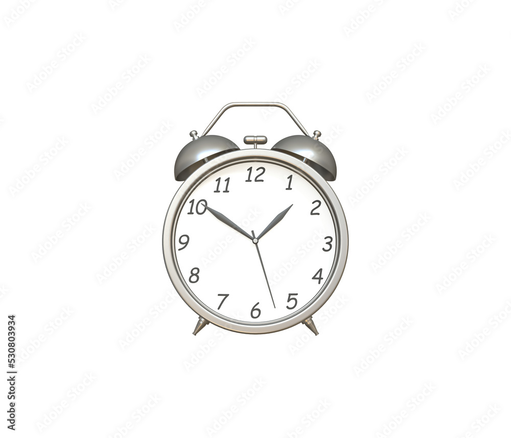 Old table clock 3d icon. 2 Realistic alarm clock. Classic Silver