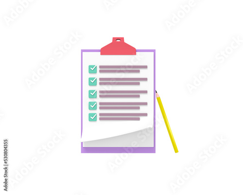 Paper on clipboard 3d icon. Clipboard with paper 3d symbol. clipboard with empty sheet of paper and pencil. In transparent png