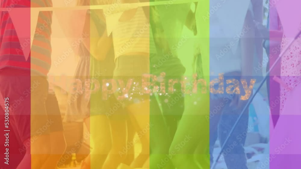 Animation of happy birthday text over lgbt flag and diverse people dancing Animation of happy birthday text over lgbt flag and diverse people dancing