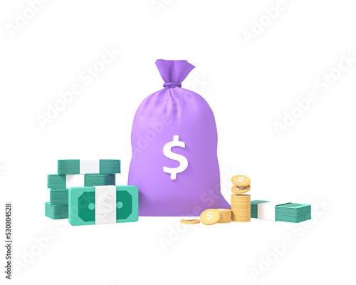 Money bag cash and coin 3d icon isolated. Business and finance concept. Dollars and gold coins stack. Wealth and banking icon. In transparent png