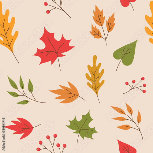 Seamless Autumn Pattern. Leaves. Maple leaf, birch leaf, oak leaf, linden leaf, rowan. 