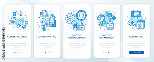 AI in content blue onboarding mobile app screen. Business online walkthrough 5 steps editable graphic instructions with linear concepts. UI, UX, GUI template. Myriad Pro-Bold, Regular fonts used
