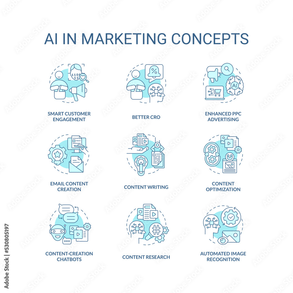 AI in marketing turquoise concept icons set. Digital technology for business idea thin line color illustrations. Isolated symbols. Editable stroke. Roboto-Medium, Myriad Pro-Bold fonts used