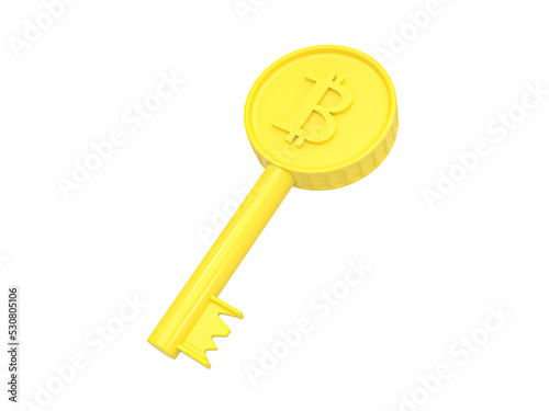 Bitcoin Golden key 3D icon. A gold key with bitcoin sign. Concept of financial success. In transparent png