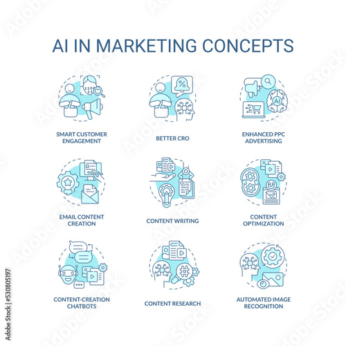 AI in marketing turquoise concept icons set. Digital technology for business idea thin line color illustrations. Isolated symbols. Editable stroke. Roboto-Medium, Myriad Pro-Bold fonts used
