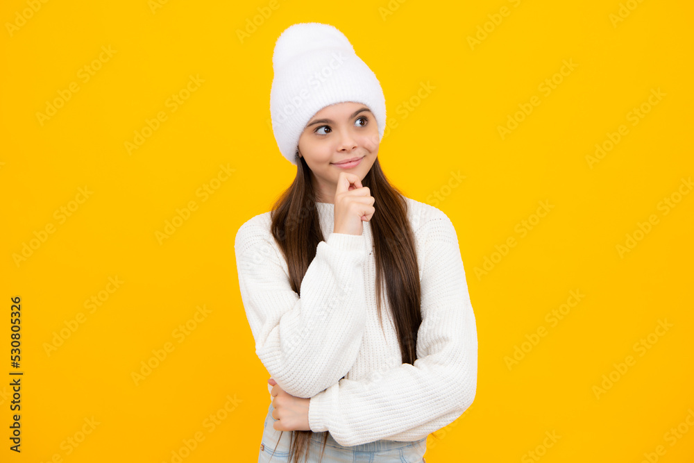 Thinking teenager girl, thoughtful emotion. Teenager girl 12, 13, 14 years old thinking against yellow background. Child think and creative idea concept. Thinking teenager girl, thoughtful emotion. Teenager girl 12, 13, 14 years old thinking against yellow background. Child think and creative idea concept.