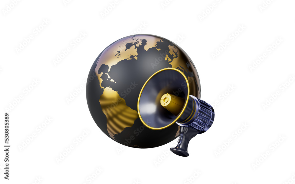 globe sign with megaphone on dark background 3d render concept for online advertising globe sign with megaphone on dark background 3d render concept for online advertising
