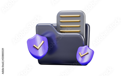document folder with security shield check mark sign on dark background 3d render concept for safe
