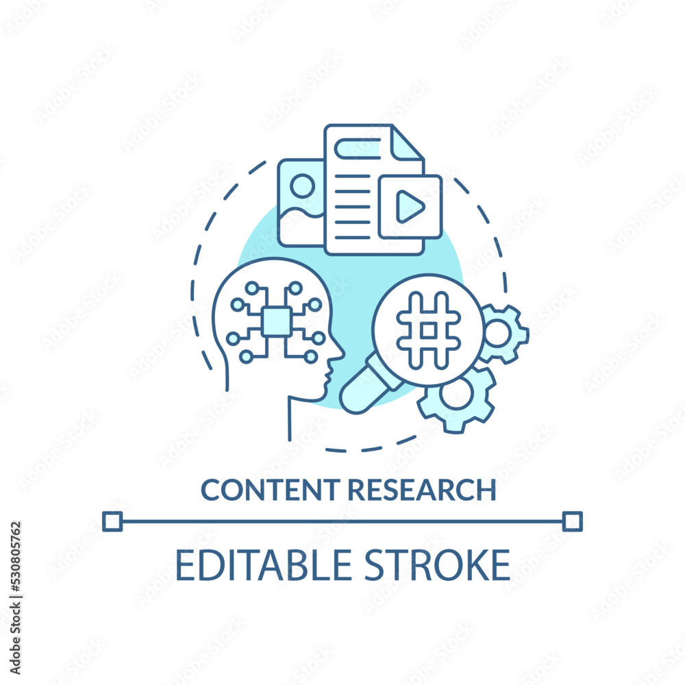 Content research turquoise concept icon. Identify business trends. AI in marketing abstract idea thin line illustration. Isolated outline drawing. Editable stroke. Arial, Myriad Pro-Bold fonts used Content research turquoise concept icon. Identify business trends. AI in marketing abstract idea thin line illustration. Isolated outline drawing. Editable stroke. Arial, Myriad Pro-Bold fonts used