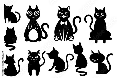 Fototapeta Naklejka Na Ścianę i Meble -  Black and white cartoon cat set. Collection of cute cats in different style, adorable baby animals for your design projects.