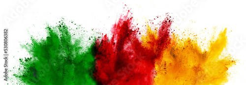 colorful cameroonian flag green red yellow color holi paint powder explosion isolated white background. cameroon africa qatar celebration soccer travel tourism concept photo