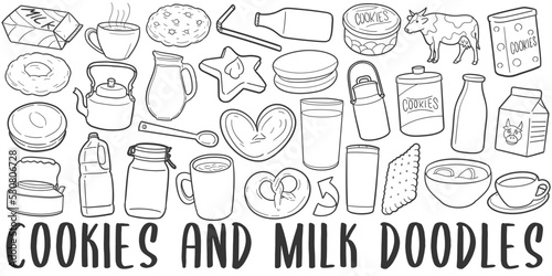 Cookies and Milk Doodle Banner Icon. Breakfast Vector Illustration Hand Drawn Art. Line Symbols Sketch Background.