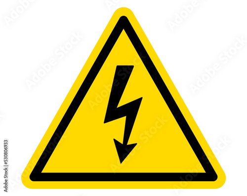 Warning sign. Dangerous electrical voltage icon. High voltage sign. Danger symbol. Black arrow isolated in yellow triangle on white background. photo