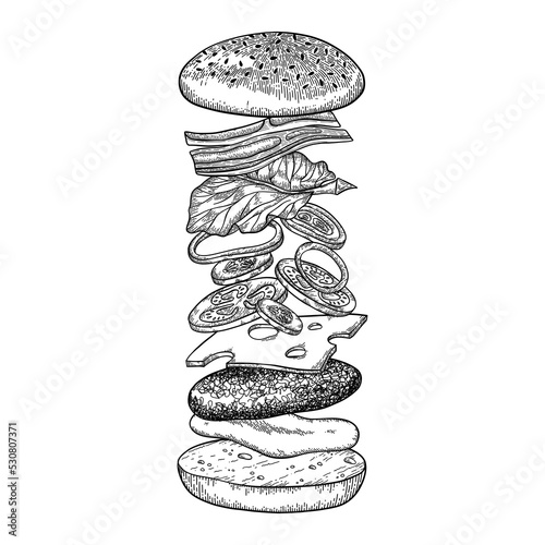 Burger with flying ingredients. Vector monochrome illustration in vintage sketched style.
