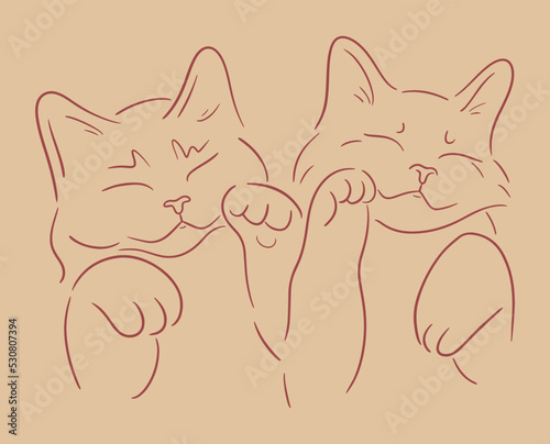 Line art vector sketch illustration of sleeping cuddle cats. Little adorable kittens sleep together. Pets friendly concept