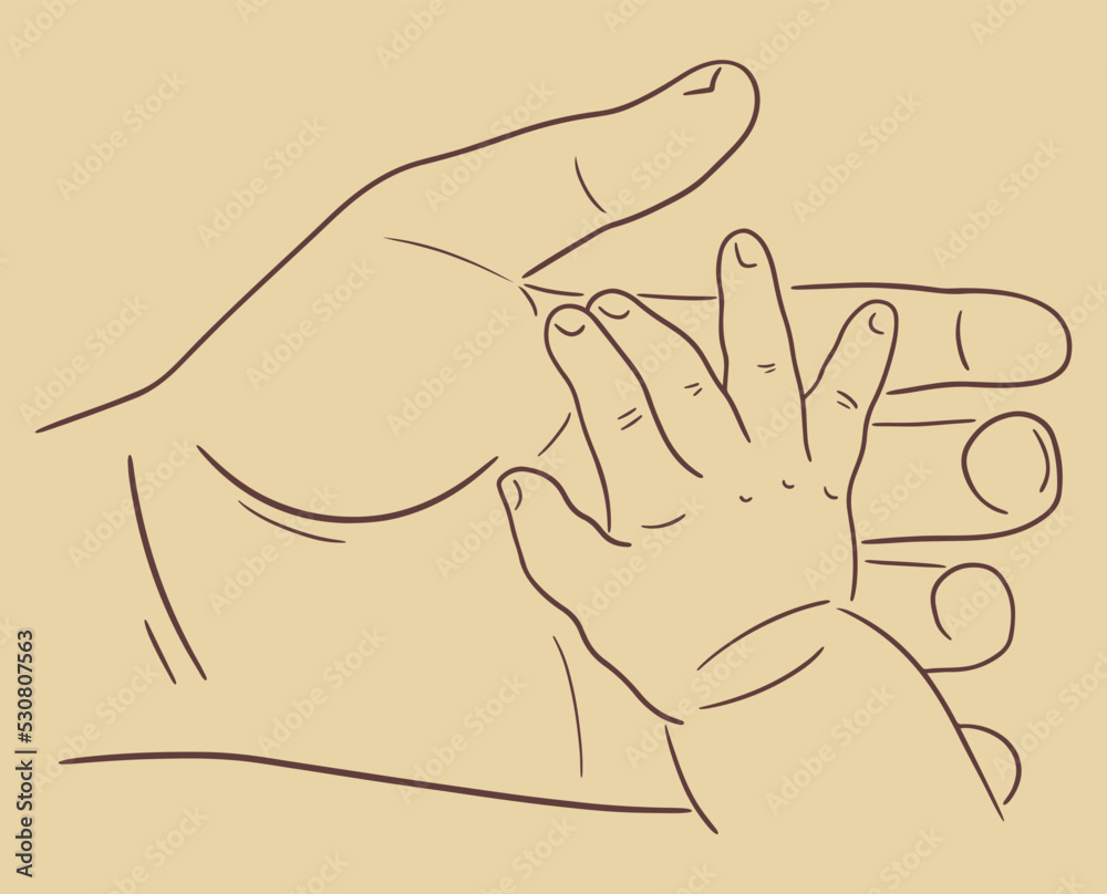 Vector illustration of parent and baby's hands. Newborn holds parent's hand. Happy family concept Vector illustration of parent and baby's hands. Newborn holds parent's hand. Happy family concept