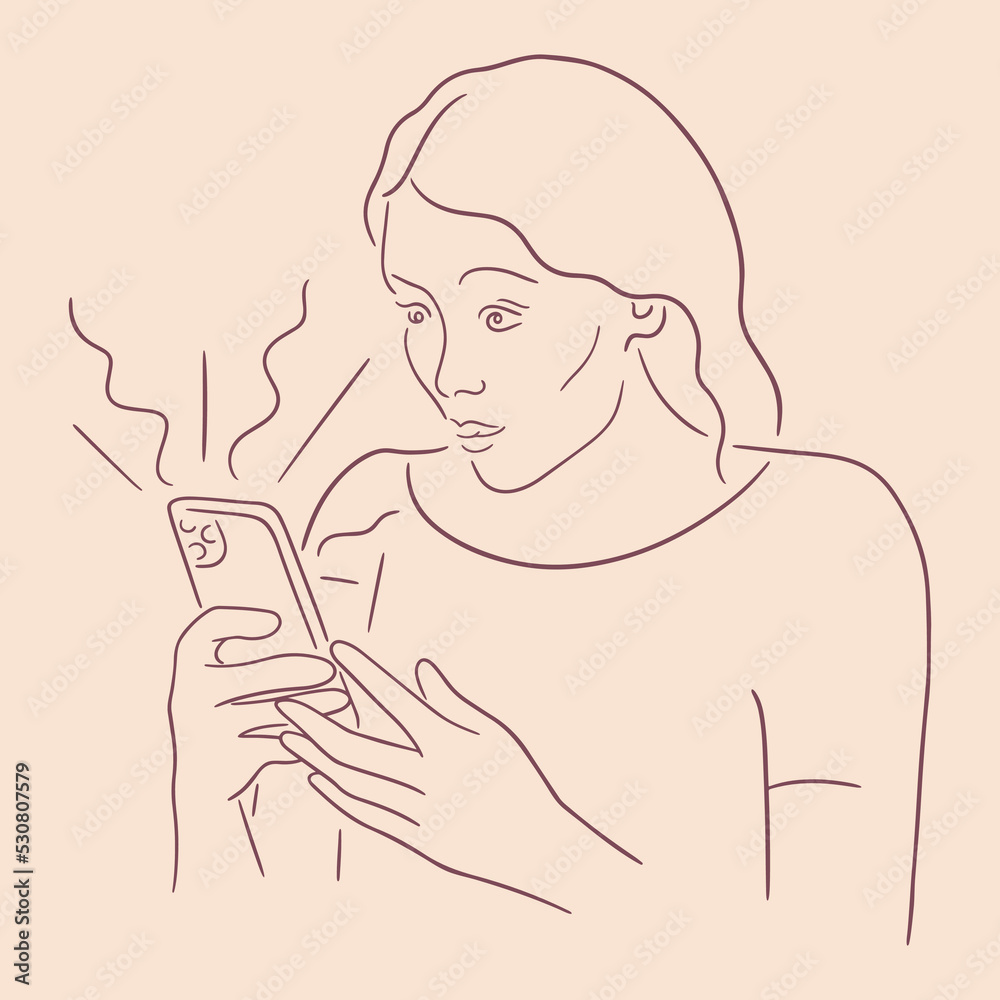 Pop-eyed person holding smartphone and got notifications with shock news. Vector sketch of surprised woman reading bad news and can't believe her eyes. Emergency concept Pop-eyed person holding smartphone and got notifications with shock news. Vector sketch of surprised woman reading bad news and can't believe her eyes. Emergency concept