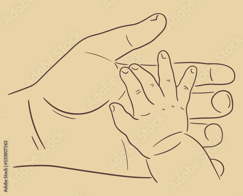 Vector illustration of parent and baby's hands. Newborn holds parent's hand. Happy family concept