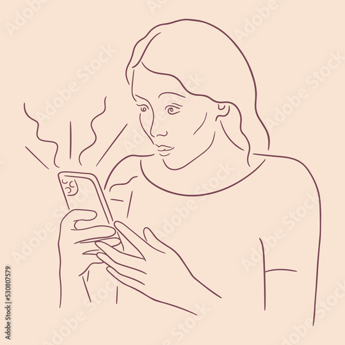 Pop-eyed person holding smartphone and got notifications with shock news. Vector sketch of surprised woman reading bad news and can't believe her eyes. Emergency concept