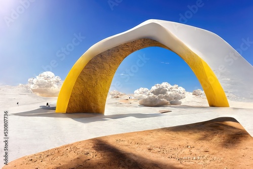 Surreal desert landscape with yellow arch and white clouds, 3d render