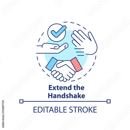 Extend handshake concept icon. Keep hands clean. Common business event etiquette rule abstract idea thin line illustration. Isolated outline drawing. Editable stroke. Arial, Myriad Pro-Bold fonts used