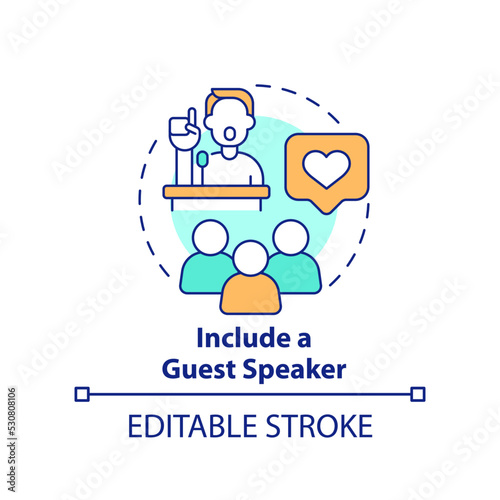 Include guest speaker concept icon. Increasing business meeting attendance abstract idea thin line illustration. Isolated outline drawing. Editable stroke. Arial, Myriad Pro-Bold fonts used
